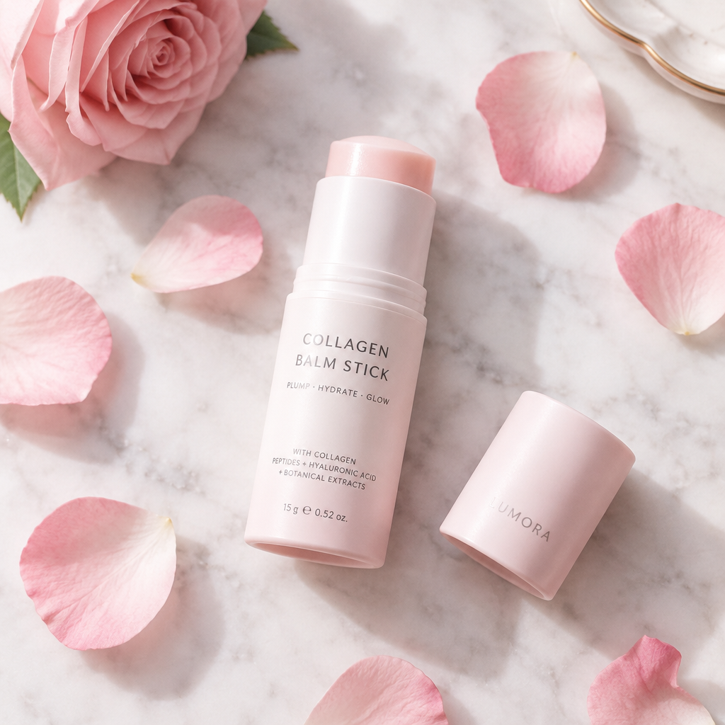 Medicube PDRN Pink Collagen Multi Balm on marble surface with rose petals, K-beauty lifestyle photography