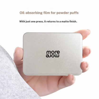 MORE or MORE White Film Cosmetic Oil Blotting Sheets - High Molecular Polymer, Oil-Absorbent, Water-Impermeable, Includes Storage Case and Puff-Shaped Pad for Makeup Touch-Ups