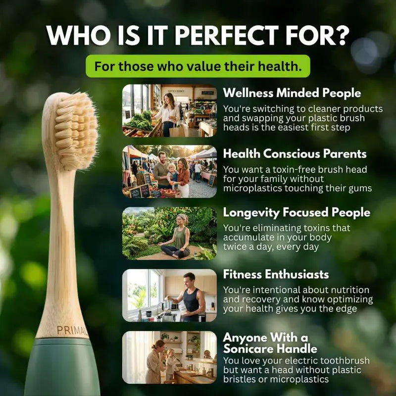 PRIMALS Boar Bristle Electric Toothbrush Replacement Heads (4-Pack) - Compatible with Philips Sonicare Click-On Handles - Bamboo Base - No Nylon Bristles for Daily Deep Oral Cleaning Platinum Sensitive