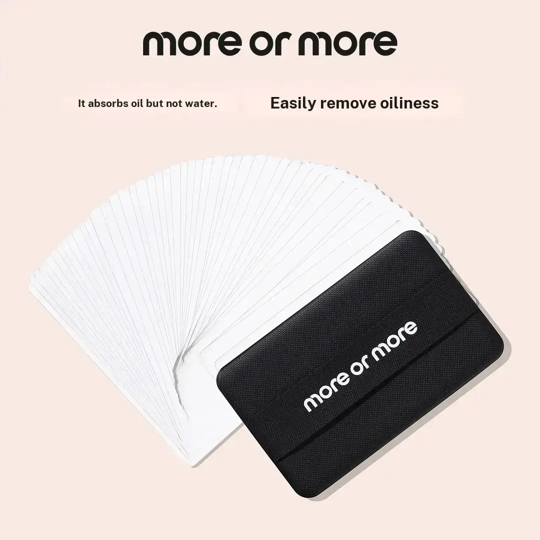 MORE or MORE White Film Cosmetic Oil Blotting Sheets - High Molecular Polymer, Oil-Absorbent, Water-Impermeable, Includes Storage Case and Puff-Shaped Pad for Makeup Touch-Ups