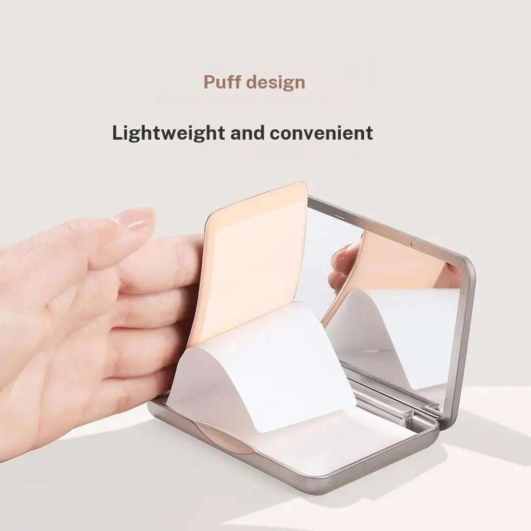 MORE or MORE White Film Cosmetic Oil Blotting Sheets - High Molecular Polymer, Oil-Absorbent, Water-Impermeable, Includes Storage Case and Puff-Shaped Pad for Makeup Touch-Ups