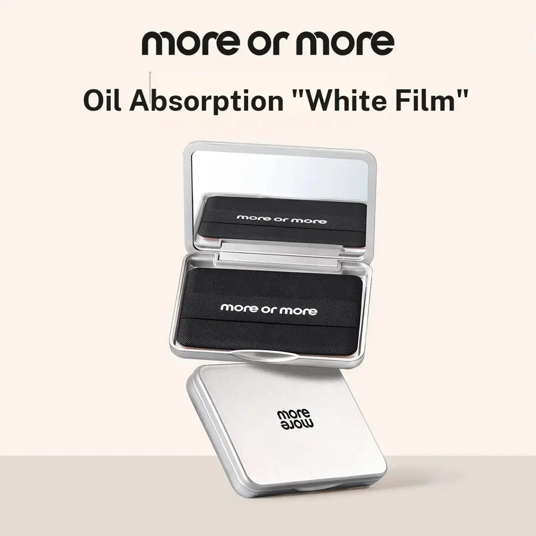 MORE or MORE White Film Cosmetic Oil Blotting Sheets - High Molecular Polymer, Oil-Absorbent, Water-Impermeable, Includes Storage Case and Puff-Shaped Pad for Makeup Touch-Ups